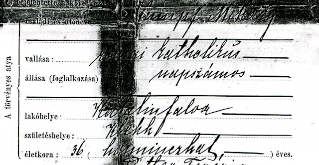 A dark line down the middle and across the top from the document being taped.  The Hungarian handwriting takes a moment to read.