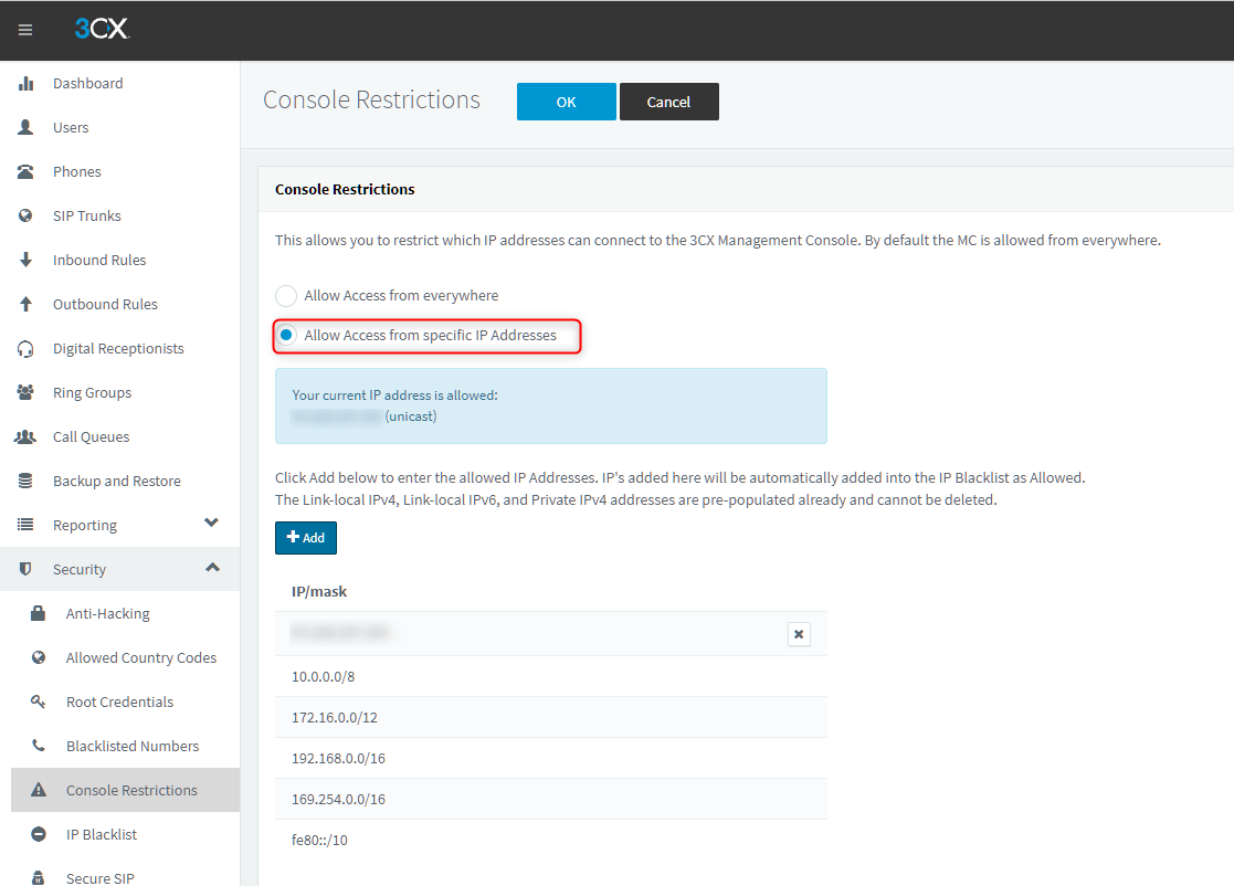 3CX-Konsoleneinschränkungen – Beschränken Sie den Zugriff von bestimmten IP-Adressen
