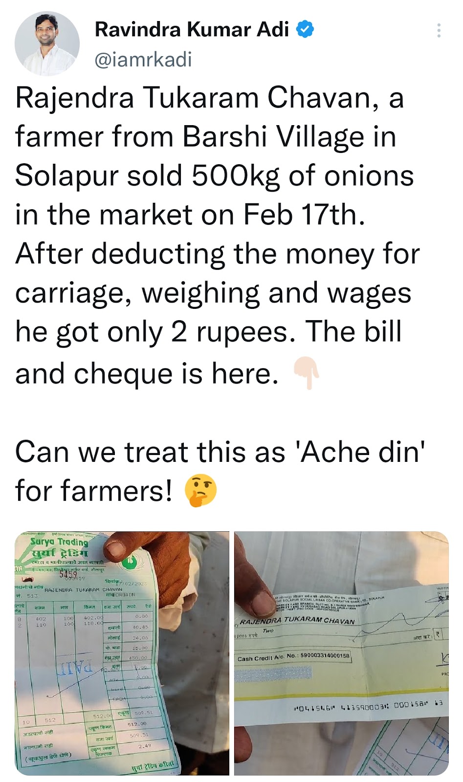 A farmer gets 2 Rupees for 512 Kg of onions