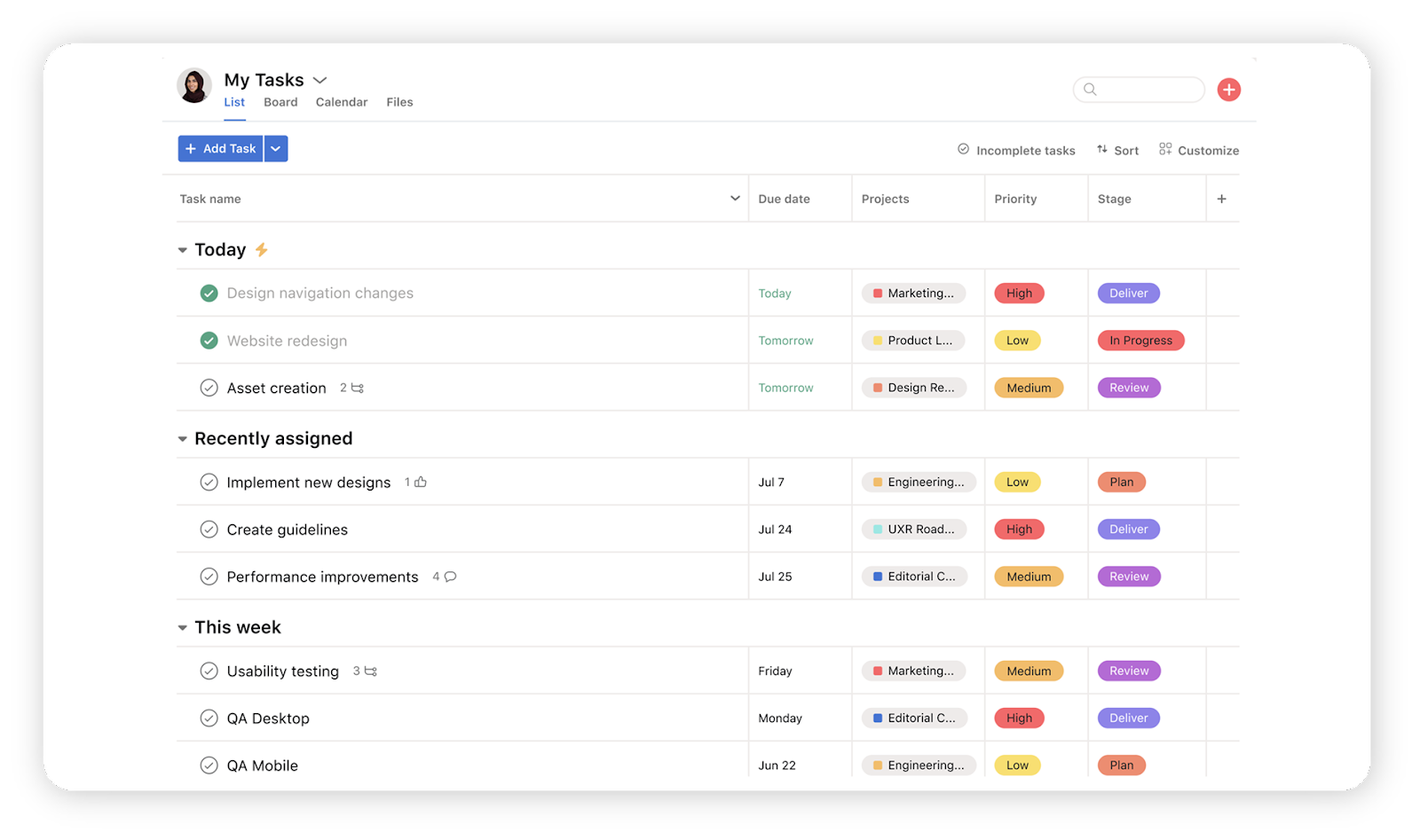 Asana interface with my tasks section