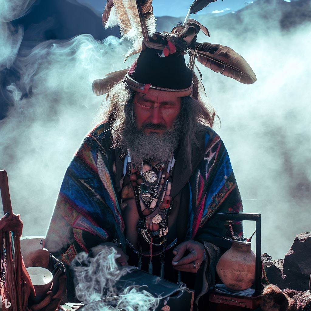 Curandero en un ritual de limpia con humo e instrumentos