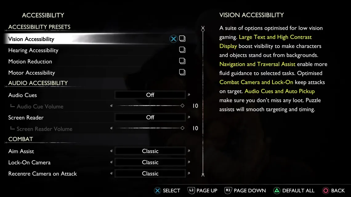 Accessibility Options in the video game - God of War: Ragnarok 