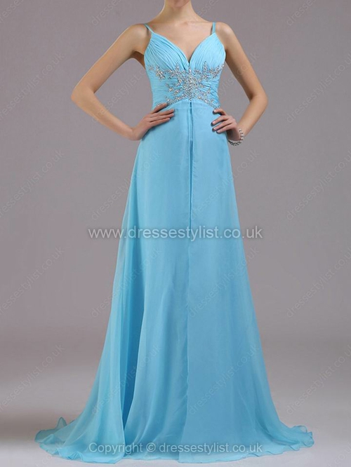 Chiffon Spaghetti Straps A-line Sweep Train Rhinestone Prom Dresses #DLT02014380