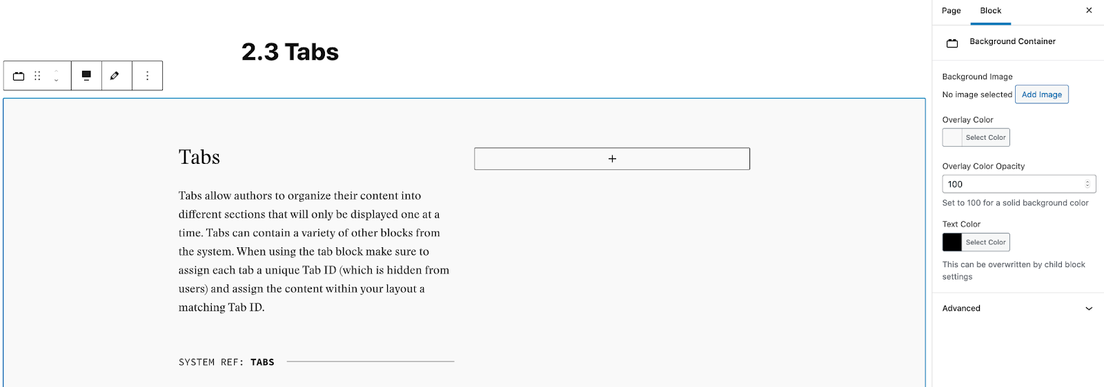 Screenshot of a Tabs block. The block toolbar is at the top of the block and the Block Settings tab is on the right.