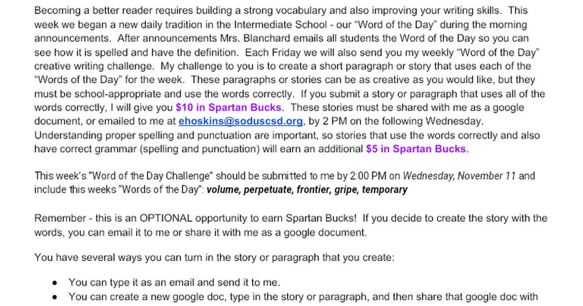 Principal's "Word of the Day" Creative Writing Challenge for 10-30-20 