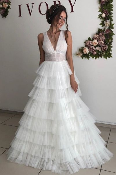 Elegant V-Neck Tulle Tiered Sleeveless A-Line Wedding Dresses