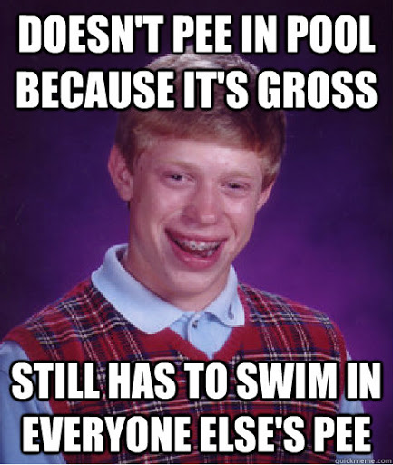a meme of a boy laughing that says doesn't pee in pool because it's gross still has to swim in everyone else's pee