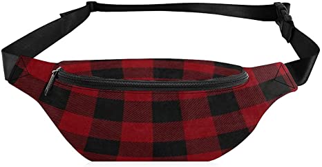 Fanny Pack for Men Women Merry Christmas Red Black Buffalo Plaid Large Hiking Waist Bag Pack with Adjustable Strap Carrying All Phones for Running Walking Traveling Sports Workouts