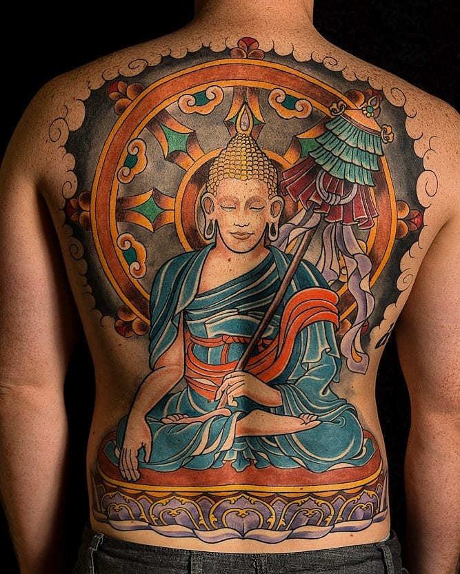 Colorful Sitting Buddha Tattoo
