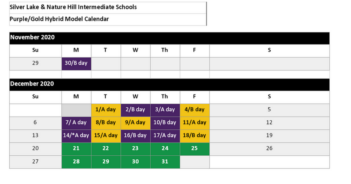 Silver Lake & Nature Hill Intermediate Schools Updated Purple Gold Calendar with A/B Rotation