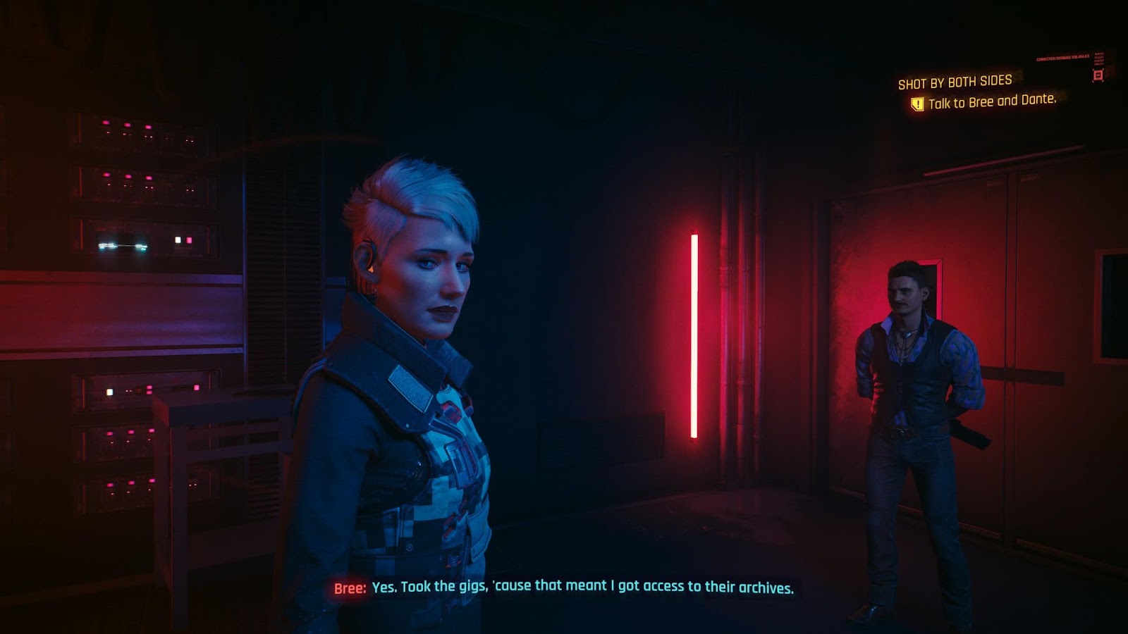 An in game screenshot of the characters Bree and Dante from the game Cyberpunk 2077.