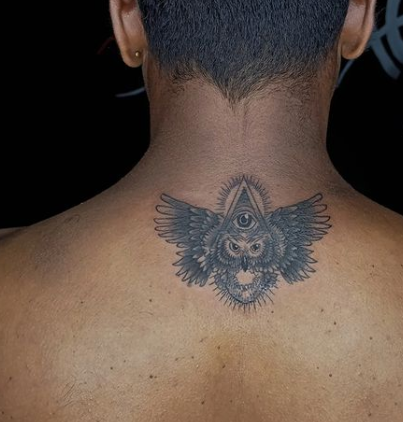 Owl Back Neck Men Tattoo