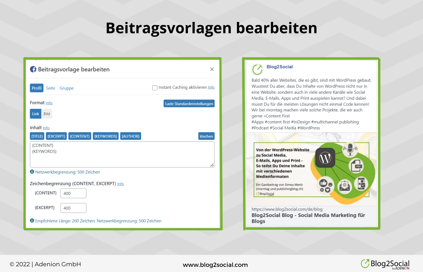 Zeit sparen mit Blog2Social: Beitragsvorlagen bearbeiten