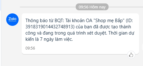 Thông báo tài khoản Zalo OA đã được duyệt