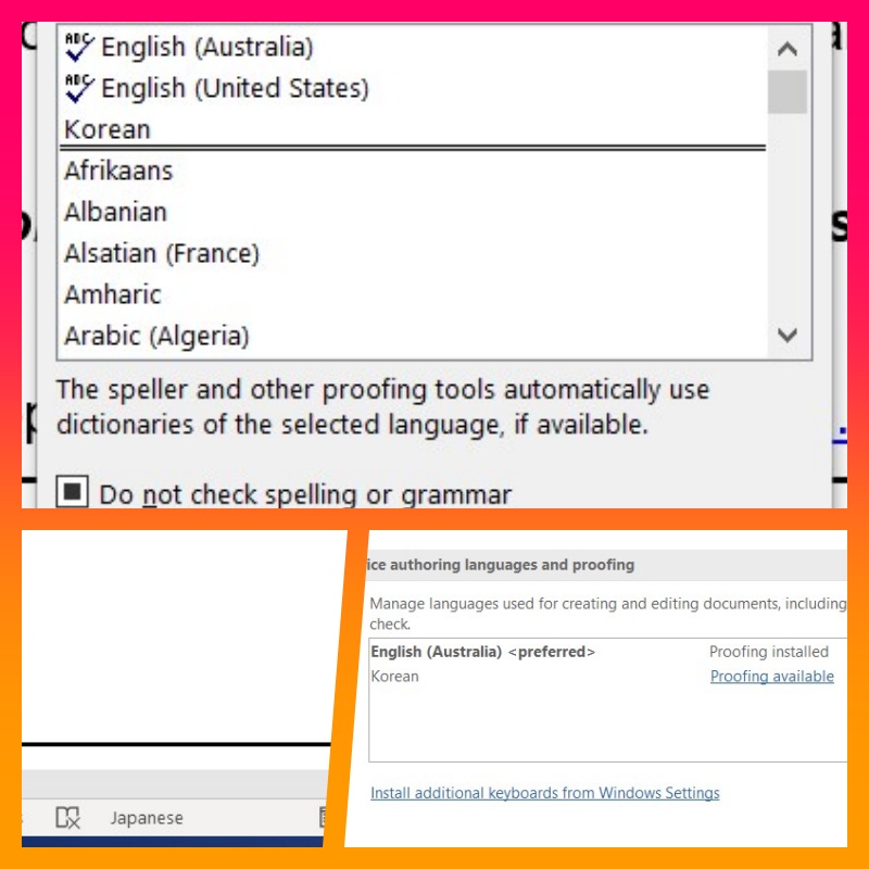 A split image of the language settings in Microsoft Word showing that the the only proofing languages installed are Australian and US English, though other images show the proofing language as Japanese