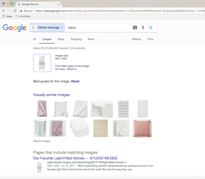 A screenshot of a google image search showing a search for specific towels using reverse image search.