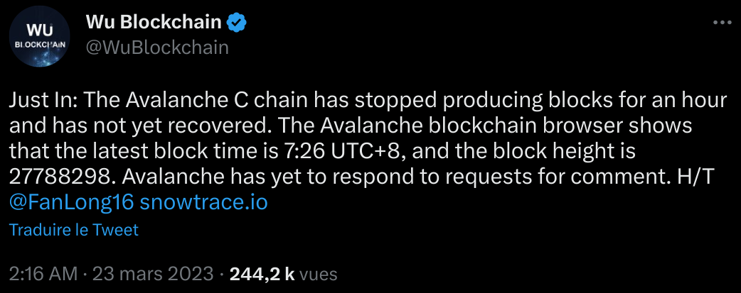 Tweet de Wu Blockchain qui dévoile l'arrêt d'Avalanche 