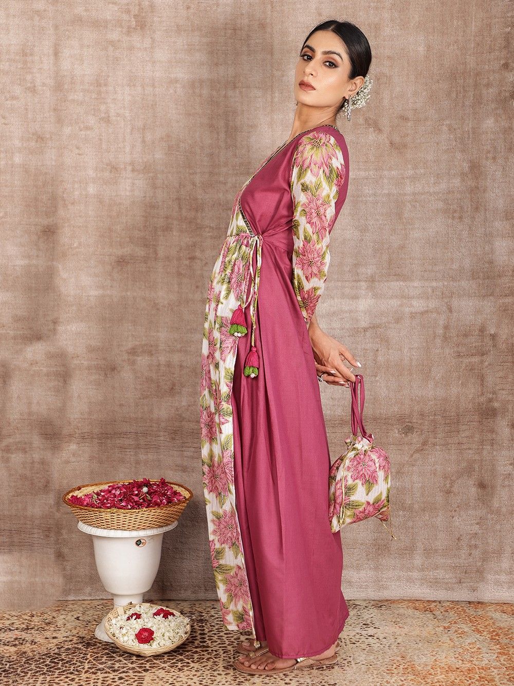 the loom - Red Green Printed Cotton Angrakha Dress