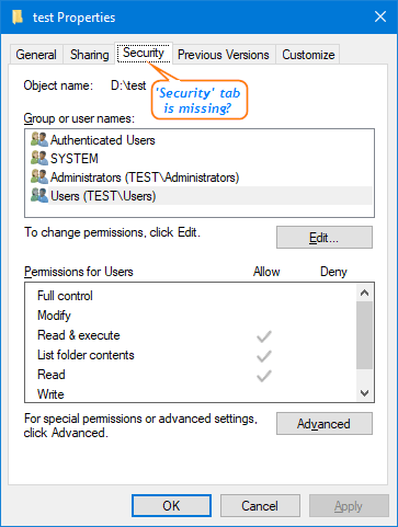 Security tab - Screenshot Image