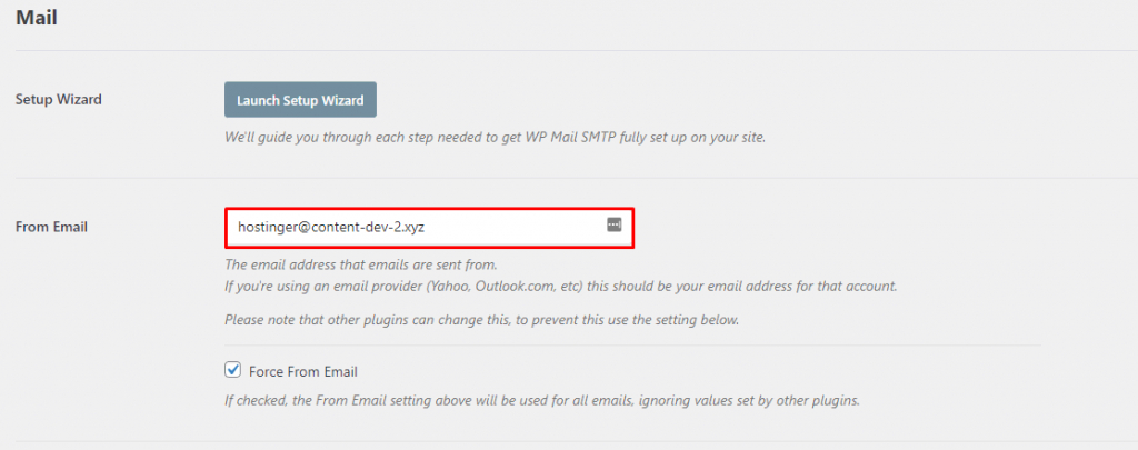 La section "Mail" de WP Mail SMTP, en motrant comment configurer l' adresse email "From". 