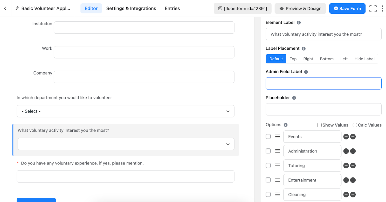 form editor, input fields