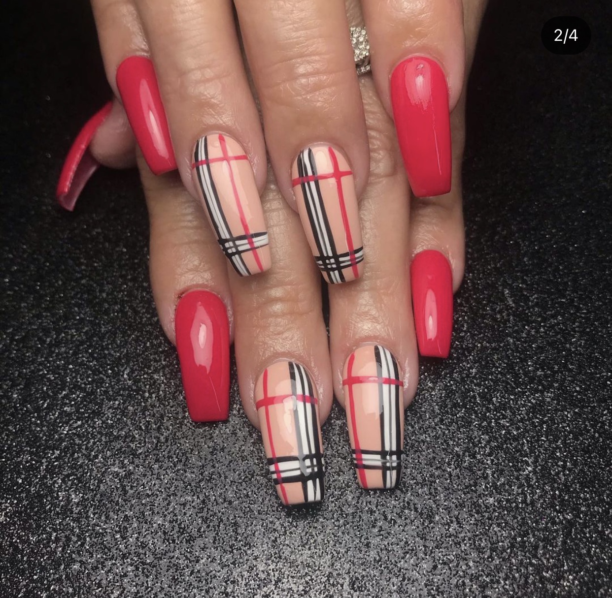 Bright Pink Burberry Nails Coffin Shape