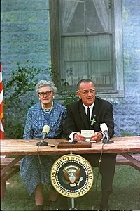 President Johnson at the signing of the ESEA with his childhood schoolteacher. (1965)