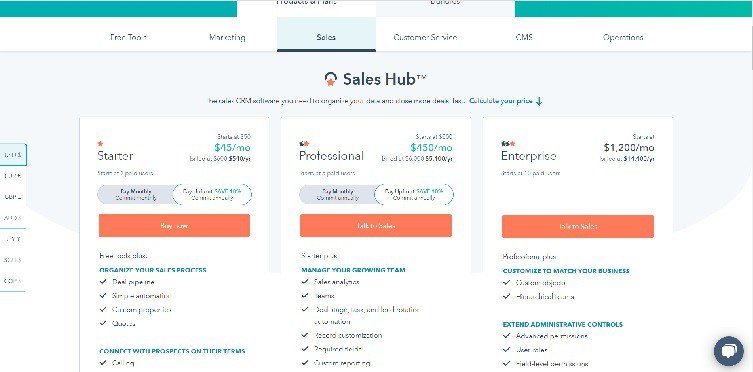 Página de precios de HubSpot Sales Hub