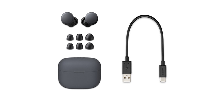 Image of the LinkBuds S case in grey with LinkBuds S, 3 extra pairs of earbud tips and a USB-C charging cable