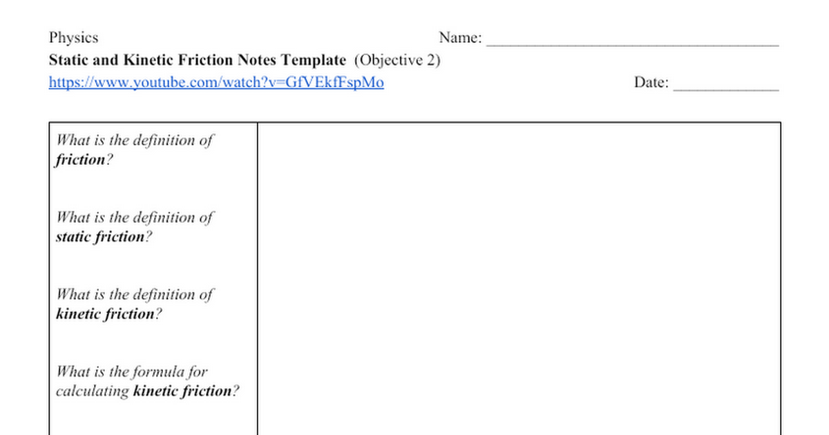 Static and Kinetic Friction Notes Template