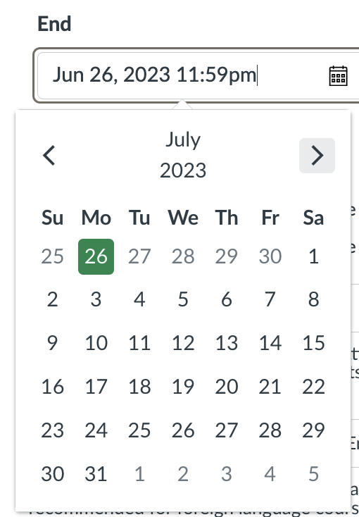calendar picker with July 26, 2023 date chosen