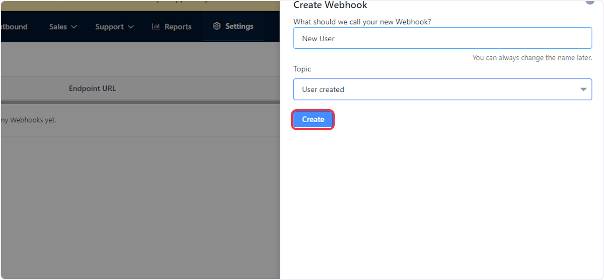 Then click on the 'Create' button to create the webhook.