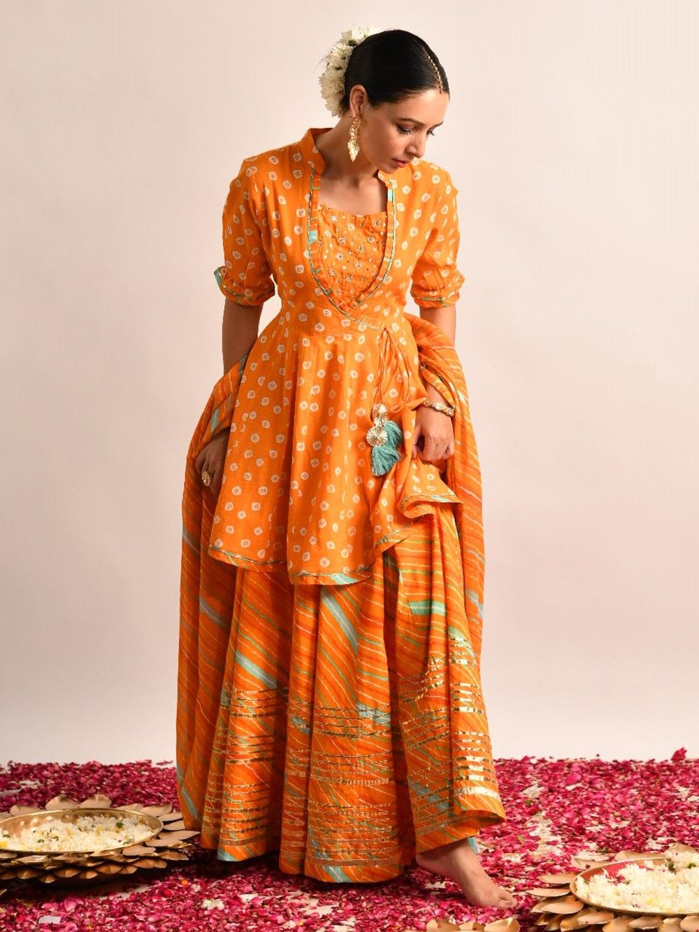 the loom - Mustard Yellow Striped Cotton Dobby Angrakha Suit
