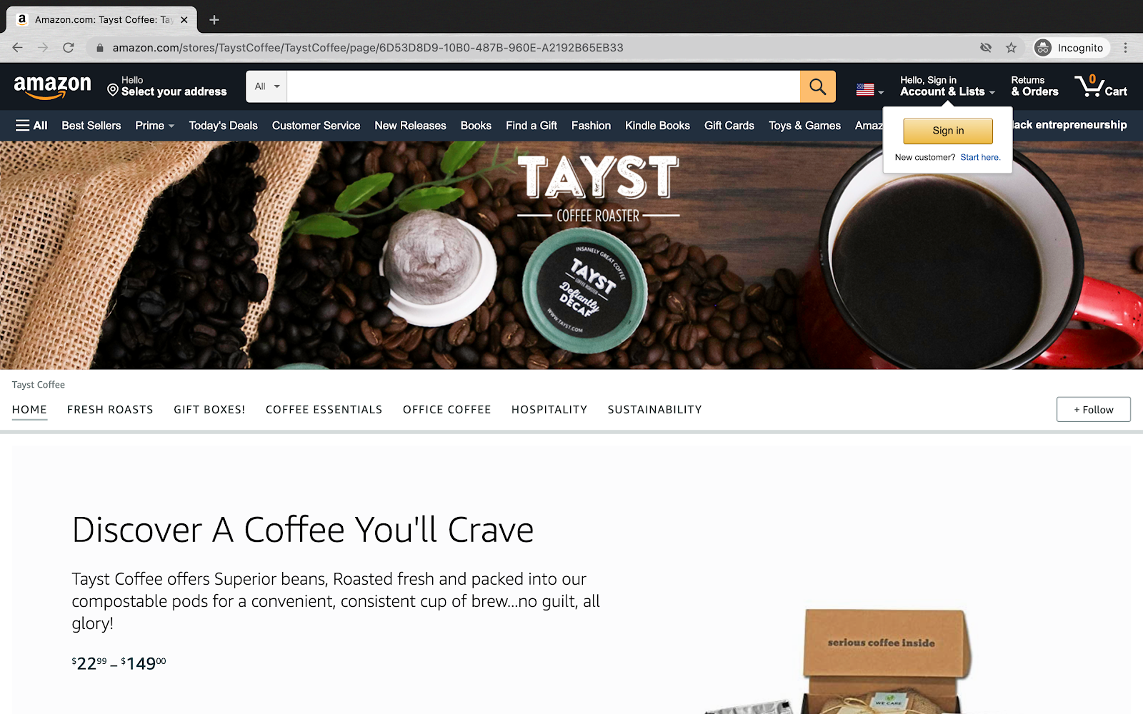 Amazon Storefront Example with Tayst Coffee Roasters