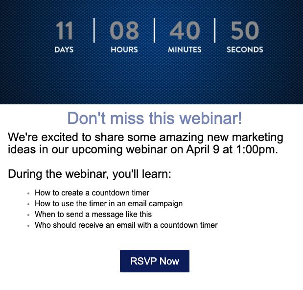 Screenshot of a webinar registration email with a countdown in it
