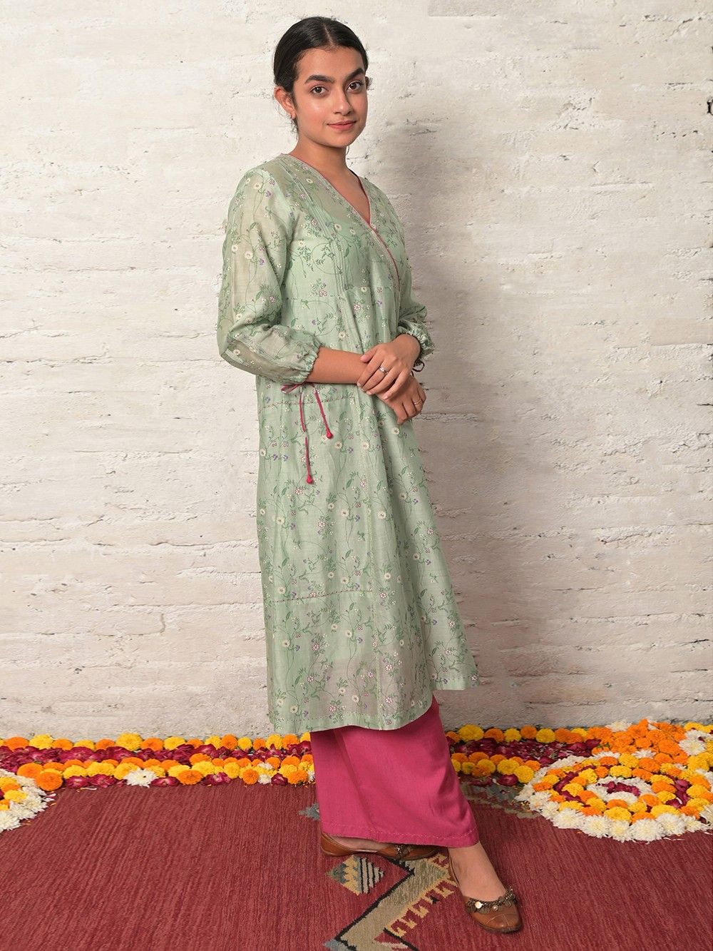 the loom - Sage Green Printed Chanderi Silk Pintuck Kurta