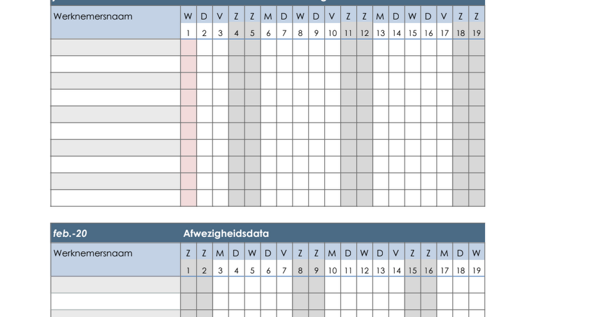 Verlofkaart 2020 Google Sheets