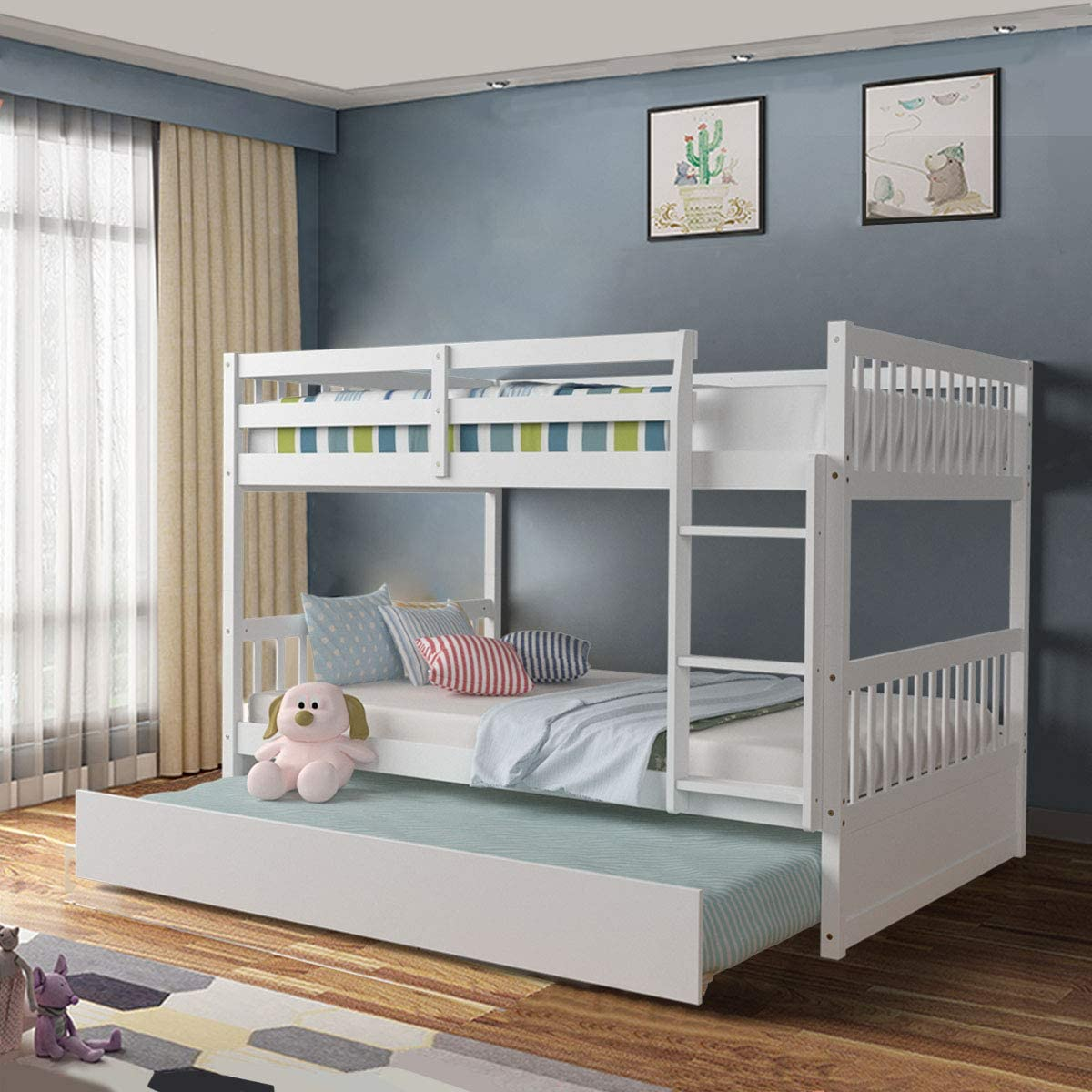 A trundle bunk bed maximizes the use of floor space.