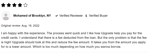 Customer leaving 4-star Upgrade personal loans review on ConsumerAffairs website. 
