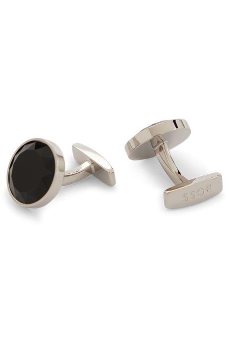BOSS - Round cufflinks with faceted glass insert and polished effect