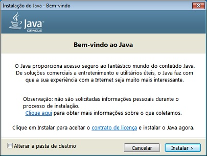 Caixa de diálogo para iniciar instalação do Java.