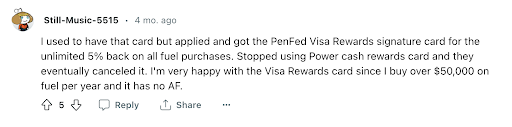 A Reddit user sharing their experience using the PenFed Platinum credit card for rewards on gas purchases. 