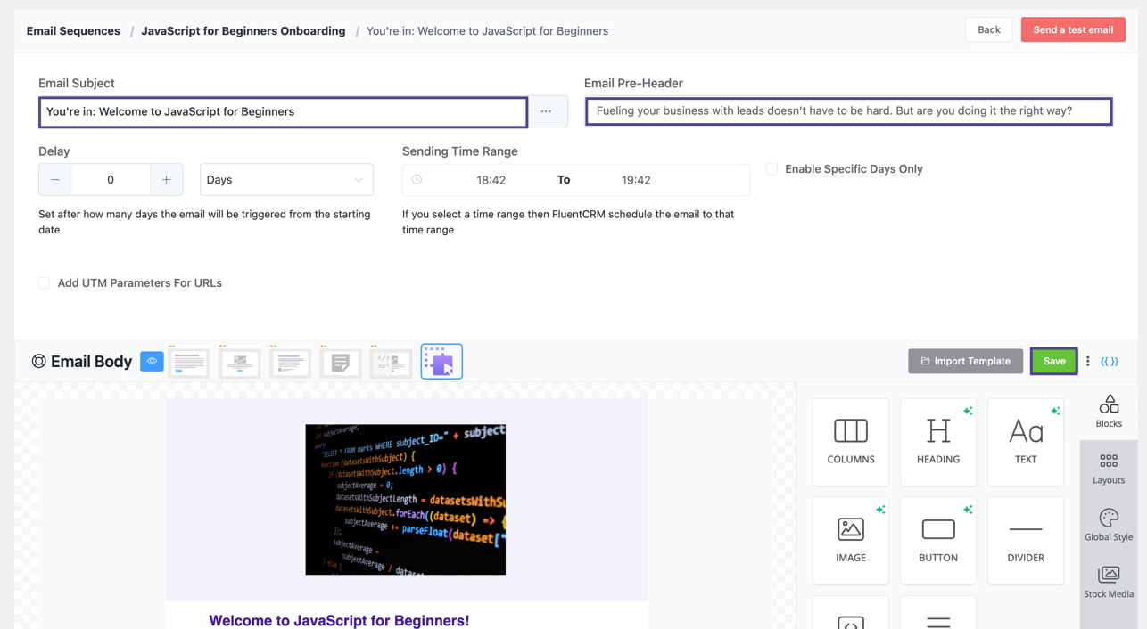 composing an email in fluentcrm email sequence