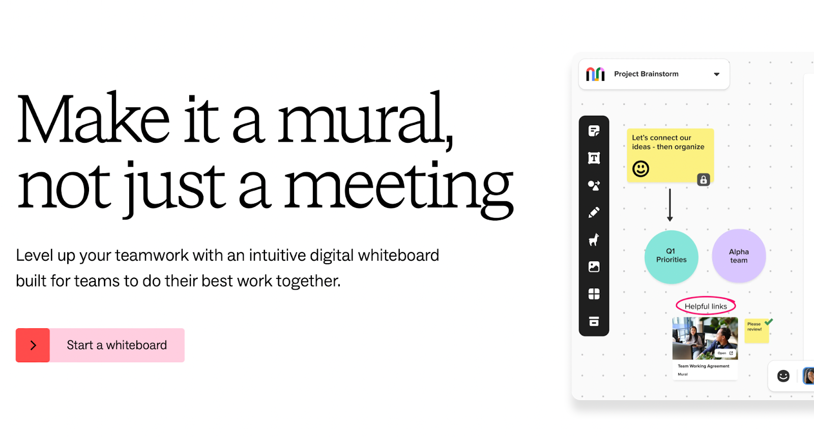 The webpage has the text "Make it a mural, not just a meeting". To the right there is an image of how the product works and underneath the text is a button that says "Start a whiteboard".