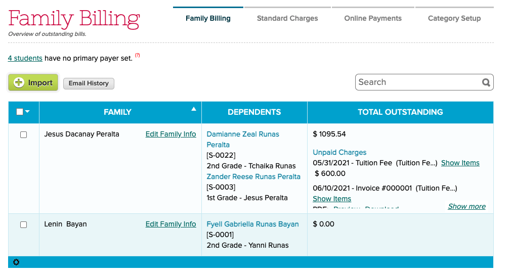 fee Tracking module shows Primary Payers when Family Billing is enabled