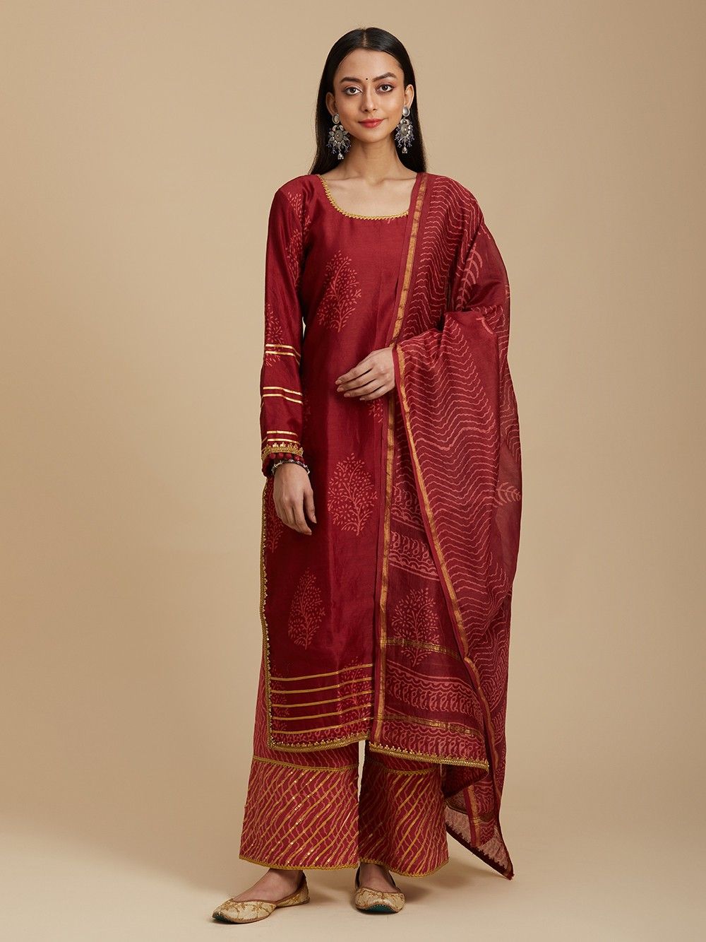 the loom-Red Hand Block Printed Chanderi Silk Kurta