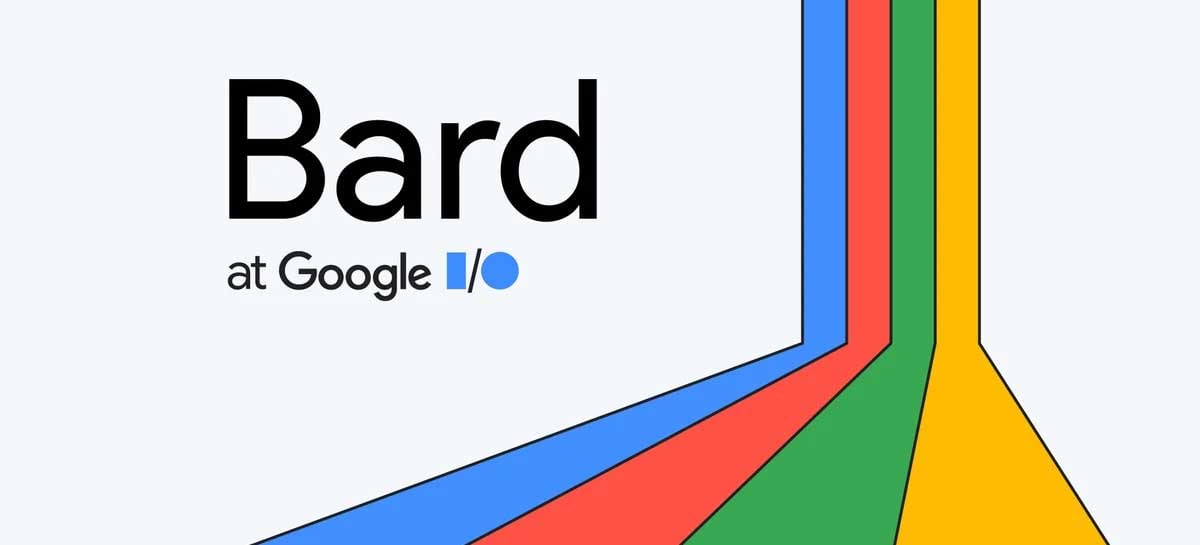 Ilustracao com Bard at Google escrito em destaque, com linhas coloridas ao lado