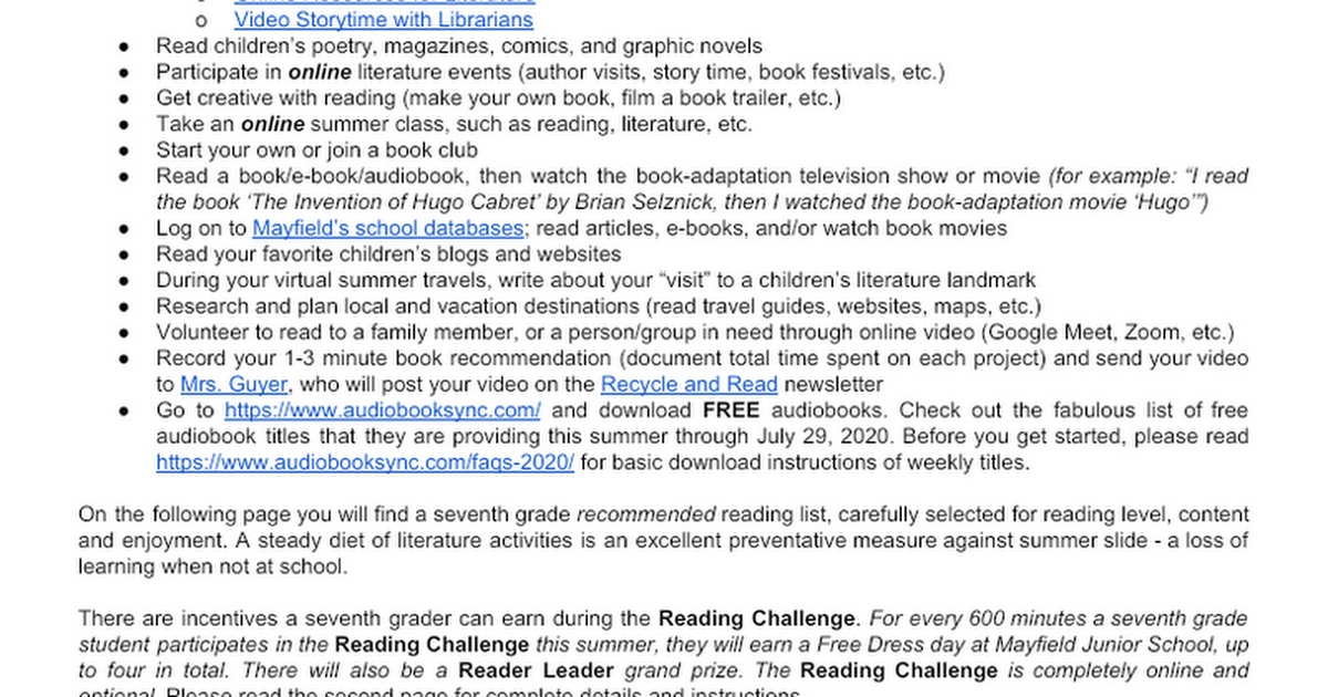 7th Grade Summer Reading 2020