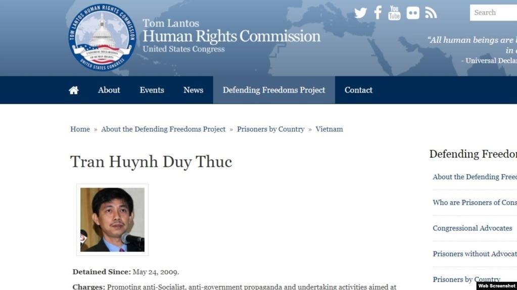 Uỷ ban Nhân quyền Tom Lantos đăng hồ sơ của ông Trần Huỳnh Duy Thức trên trang web. Photo Tom Lantos Human Rights Commission.