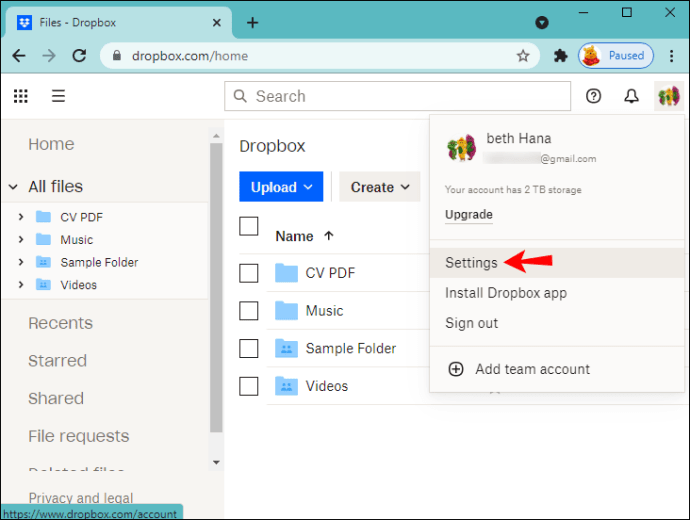 Go to settings in Dropbox's dropdown menu